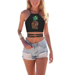 Black with Colorful Pineapple Pattern Strapped Halter Top with Lace up Back